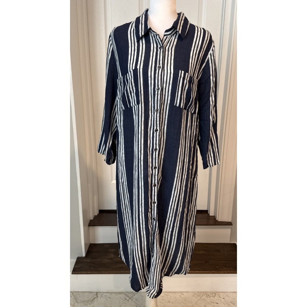 New Kut from the Cloth Shirt Dress Red Blue White Stripes Sz 10 Roll Sleeve‎